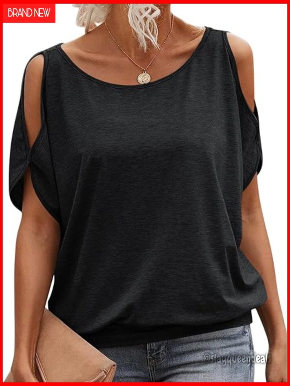 Cold Shoulder Boat Neck T-Shirt Loose Fit Banded Bottom Summer Casual
